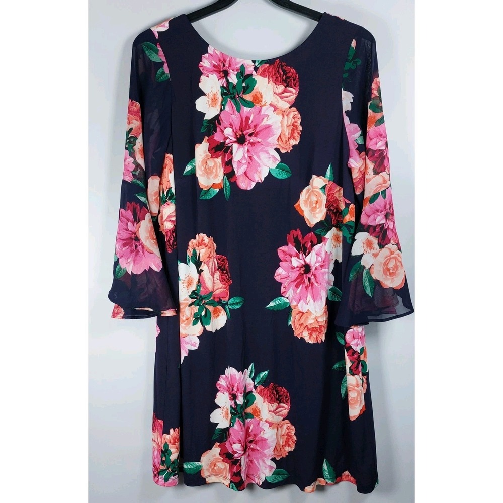 Jessica‎ Howard Floral Shift Dress Sz 16W Navy Pink Sheer Flutter Sleeves Lined